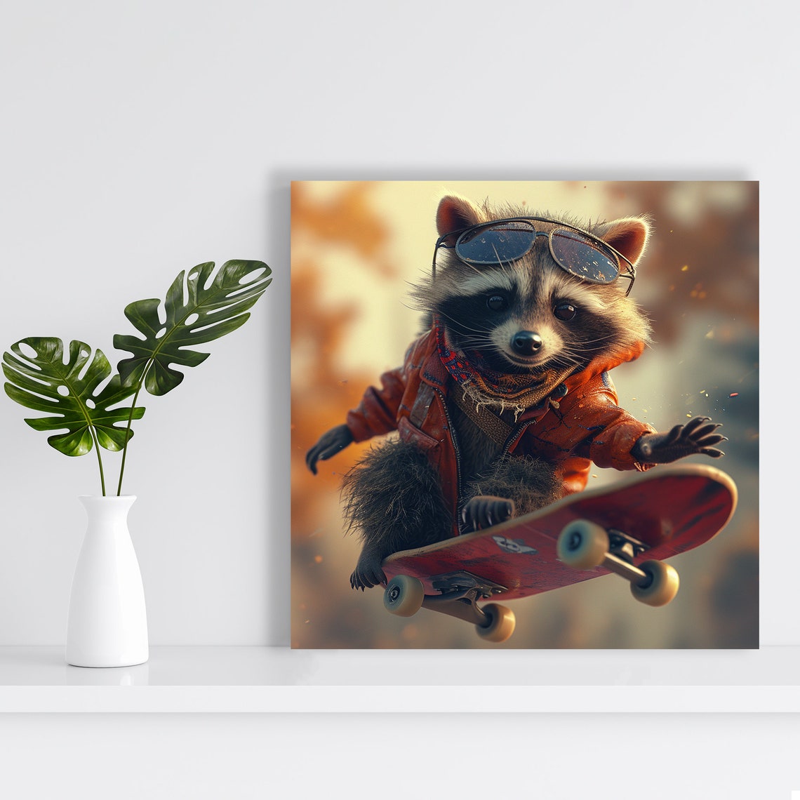 Skateboarding Raccoon Sunglasses Leather Jacket Fun Wall Art Poster - Image 2