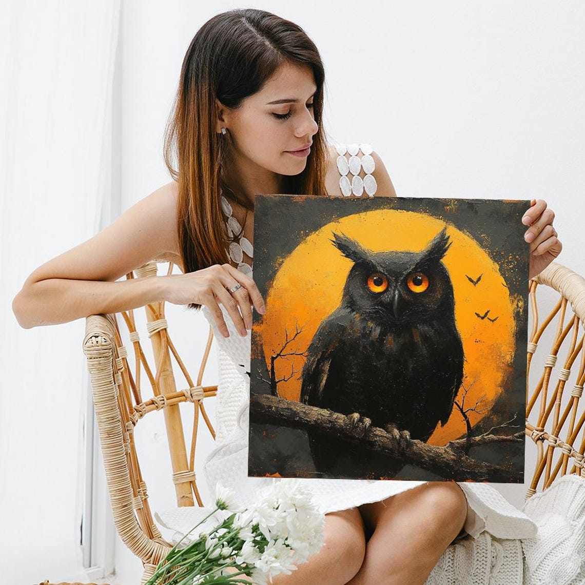 Black Owl On Branch Big Orange Moon Gothic Animal Wall Art Poster - Image 3