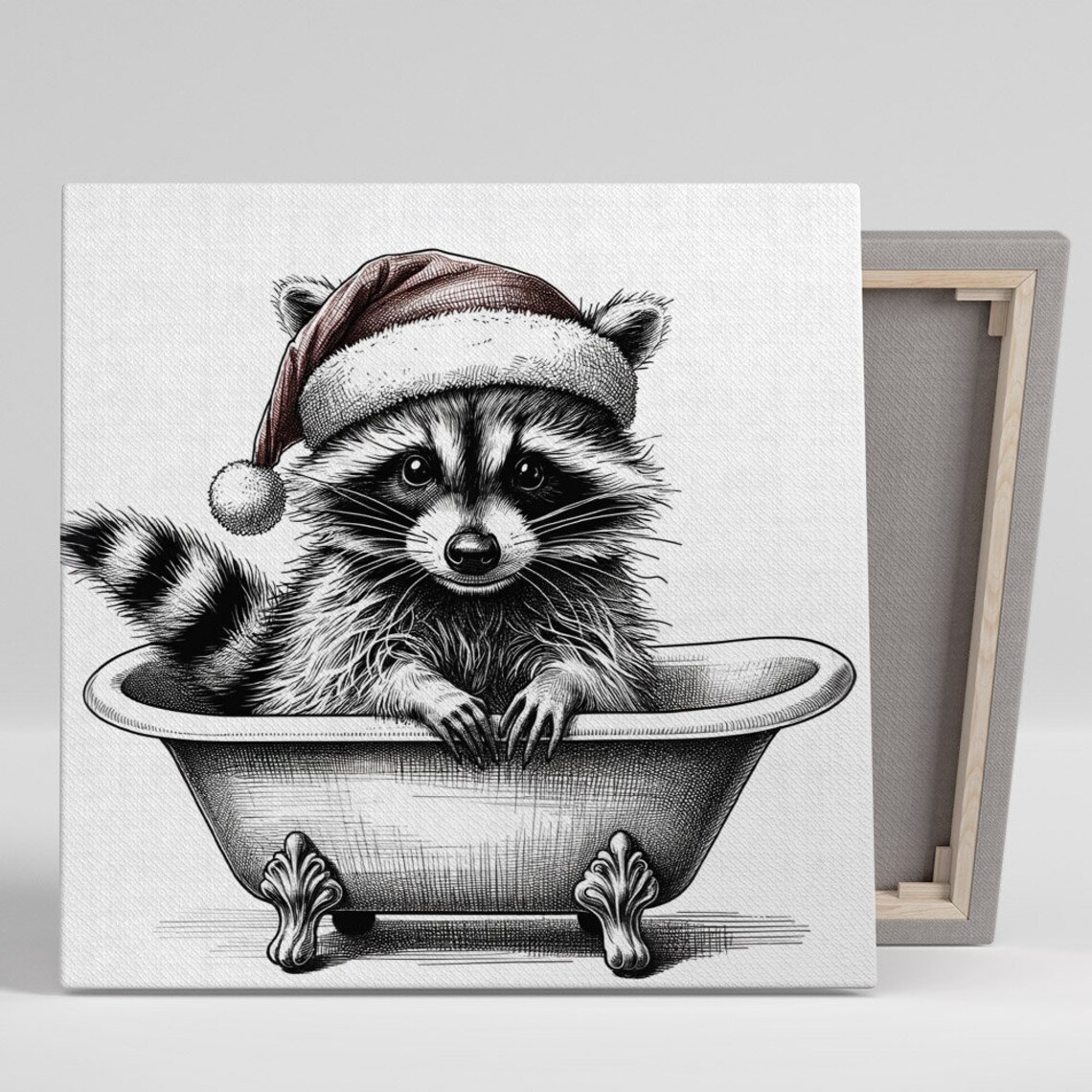 Christmas Raccoon in Bathtub, Bathroom Holiday Art