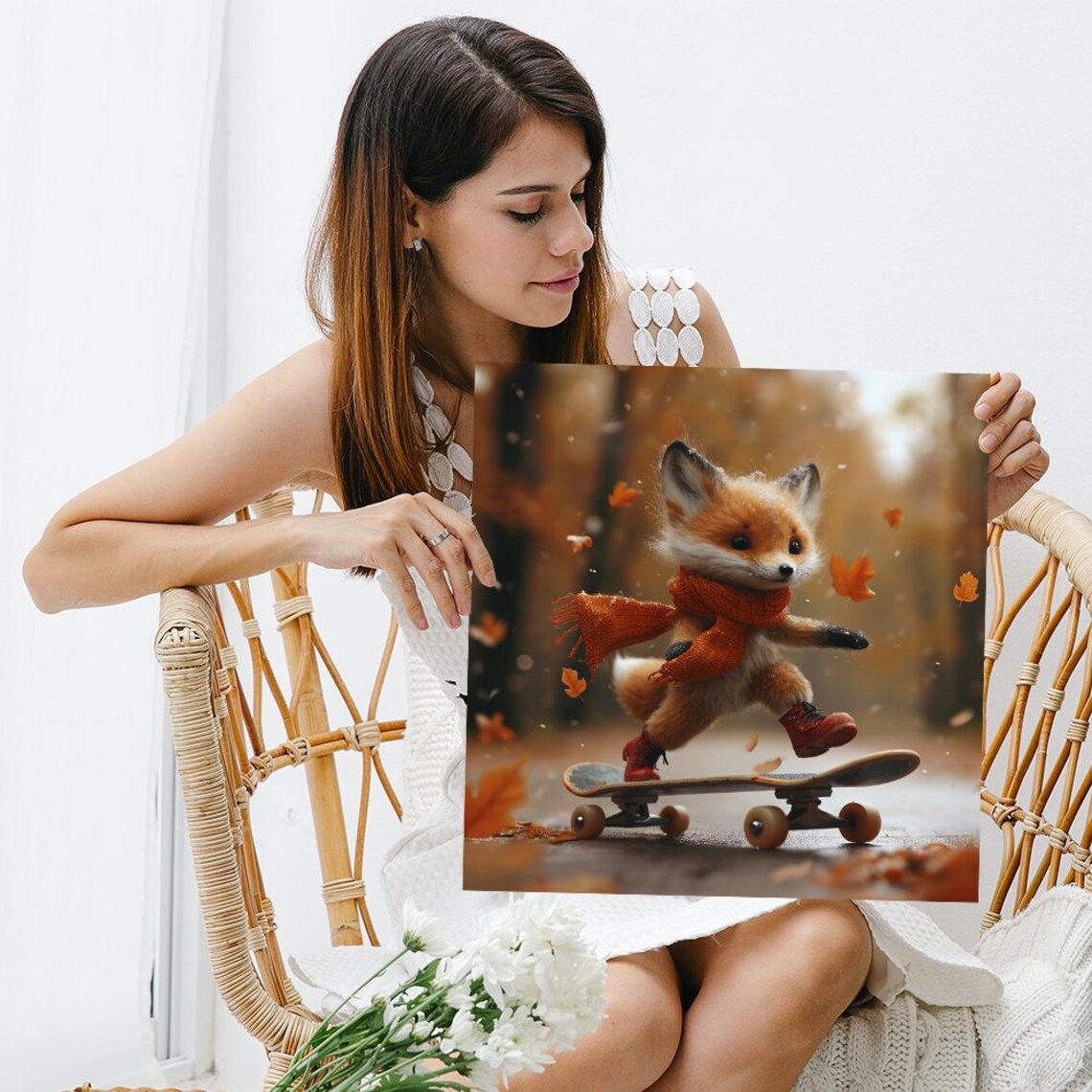 Baby Fox Cub Skateboarding Autumn Leaves Scarf Boots Cute Animal Poster - Image 3