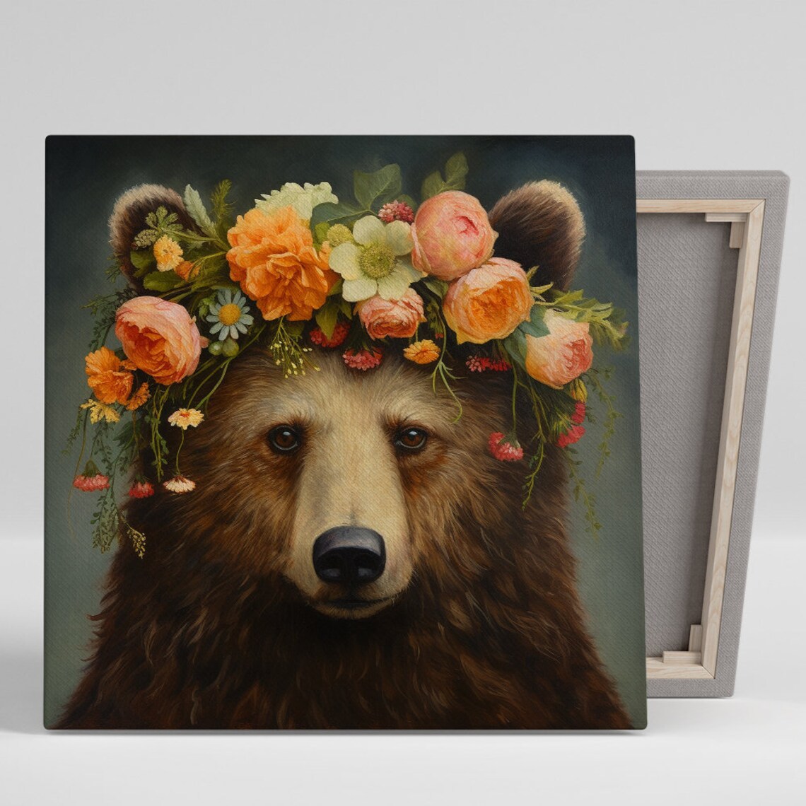 Bear Floral Crown Roses Moody Realistic Portrait Elegant Animal Poster