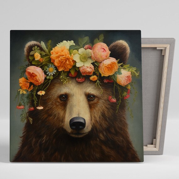 Bear Floral Crown Roses Moody Realistic Portrait Elegant Animal Poster