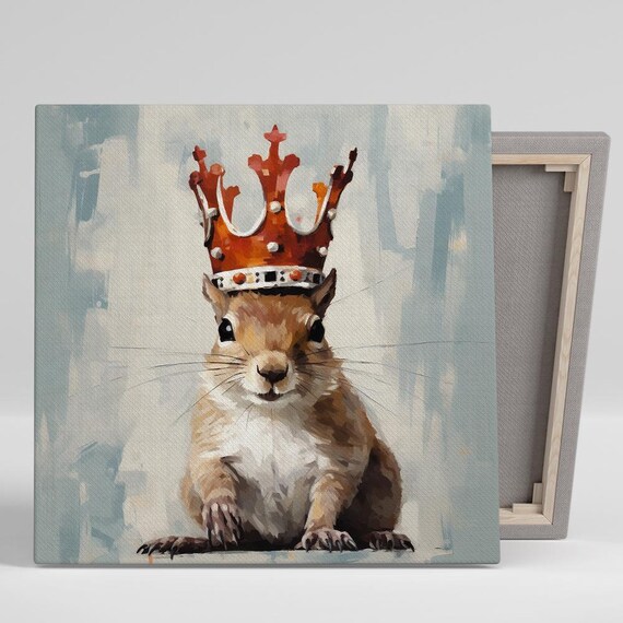 Crowned Squirrel King Portrait Jeweled Crown Watercolor Whimsical Wall Art Print