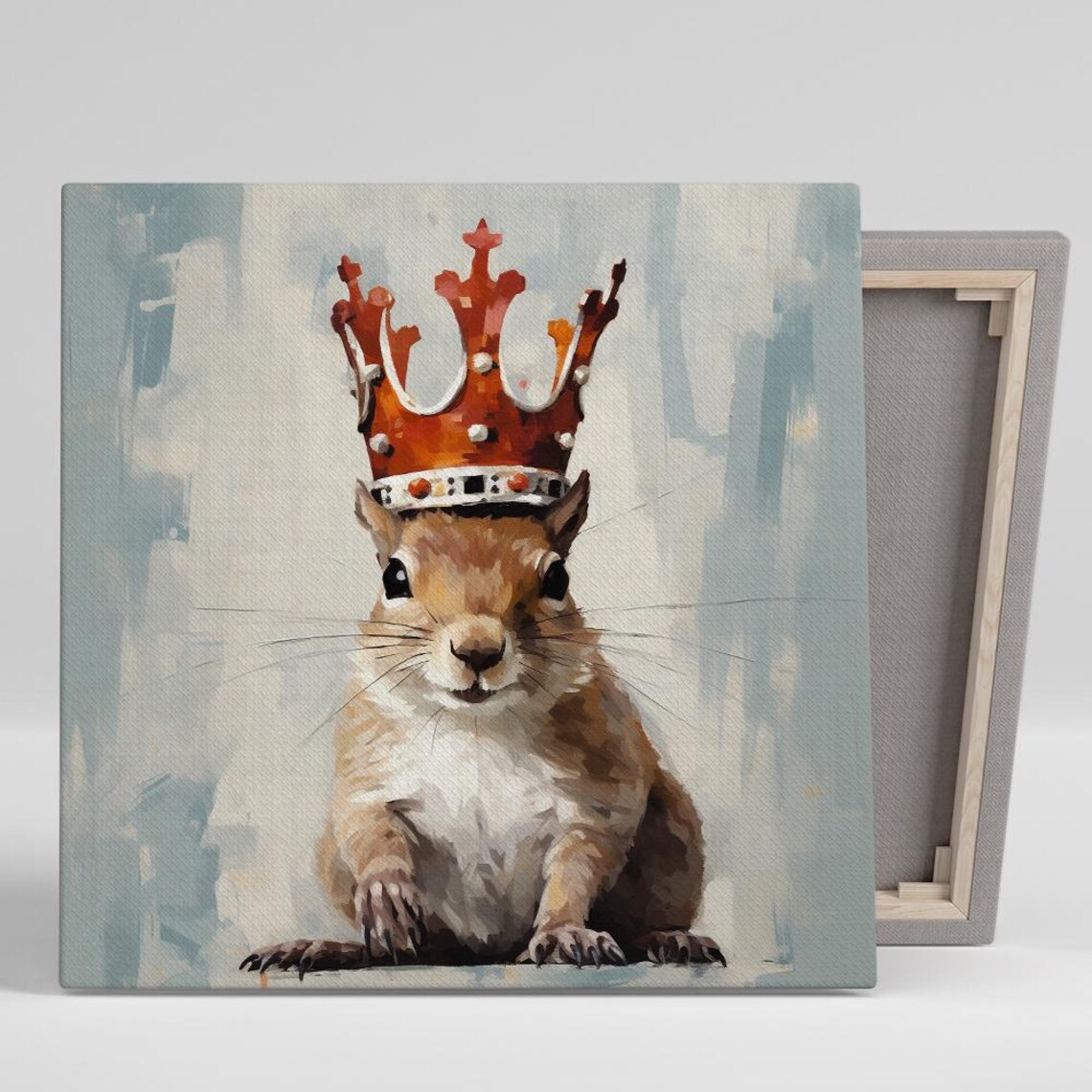 Crowned Squirrel King Portrait Jeweled Crown Watercolor Whimsical Wall Art Print