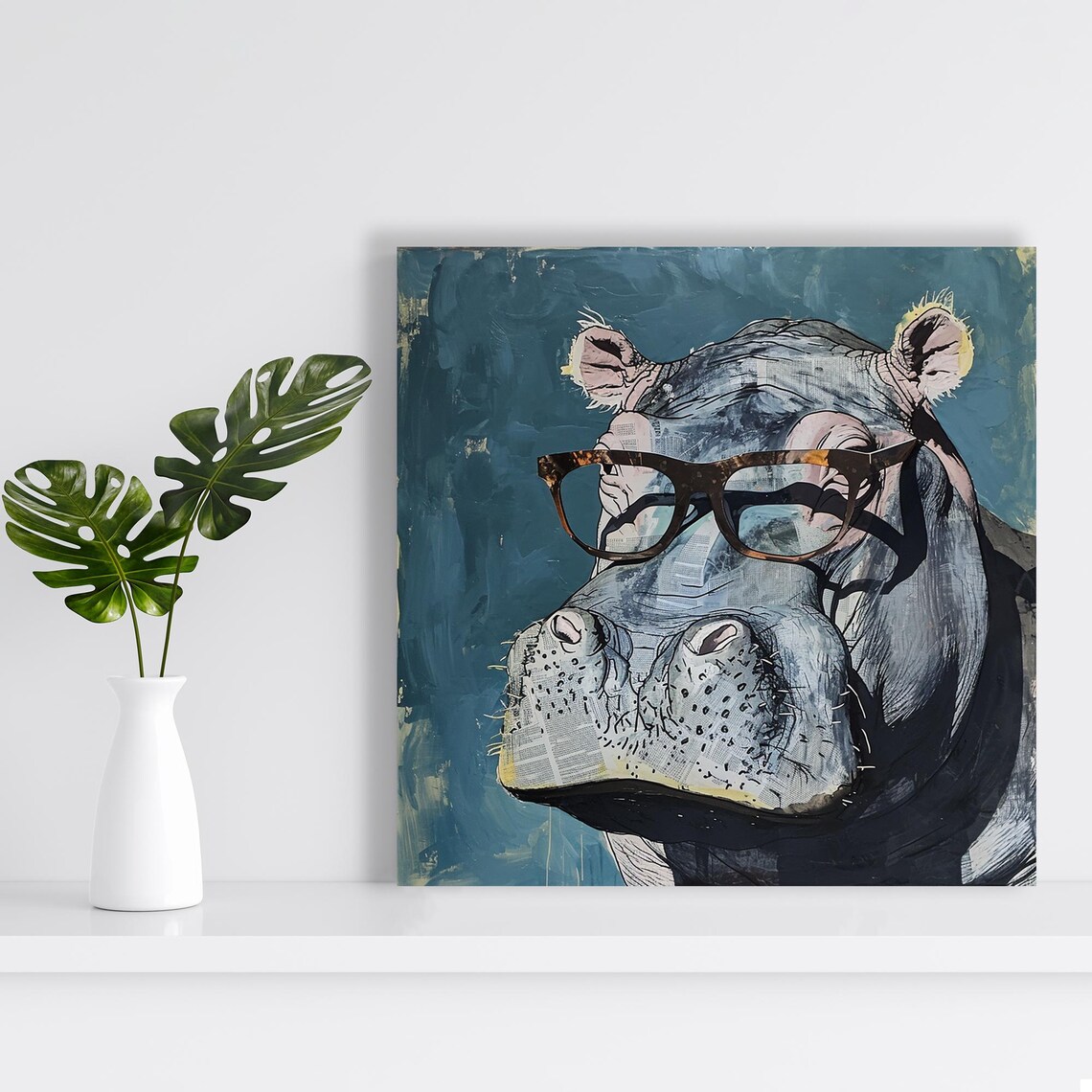 Hippo Hipster Tortoiseshell Glasses Blue Watercolor Funny Animal Poster - Image 2