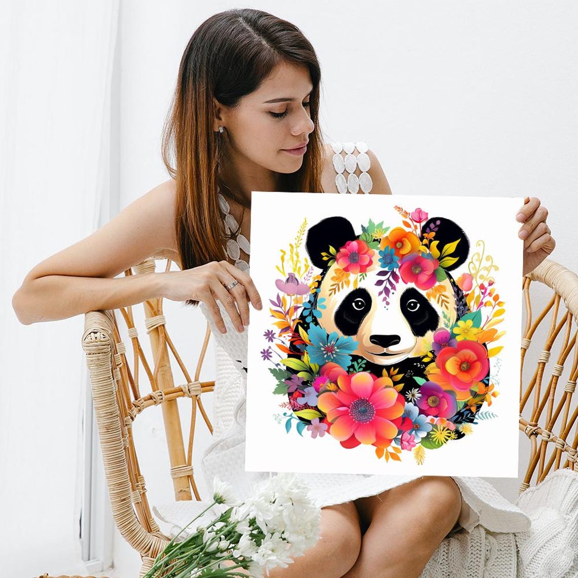 Panda Face With Colorful Floral Wreath Vibrant Botanical Wall Poster - Image 3