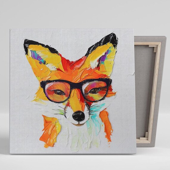 Hipster Fox Wearing Black Glasses Bright Impasto Palette Knife Colorful Poster