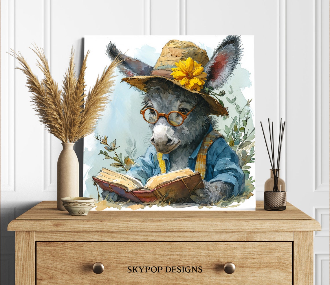 Scholarly Donkey Poster Straw Hat Glasses Reading Book Whimsical Decor - Image 2
