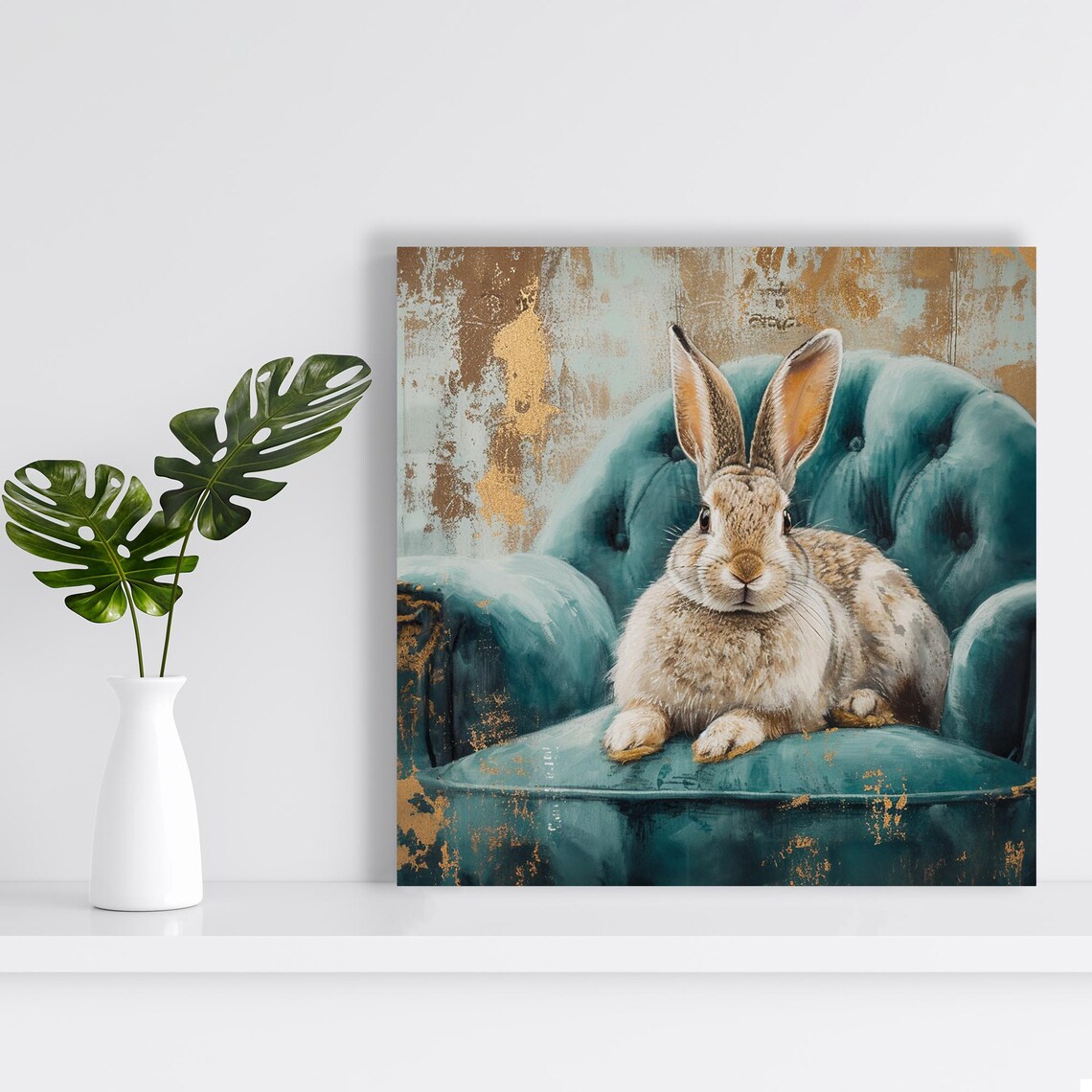 Regal Rabbit Repose, Whimsical Rustic Art Print - Image 2