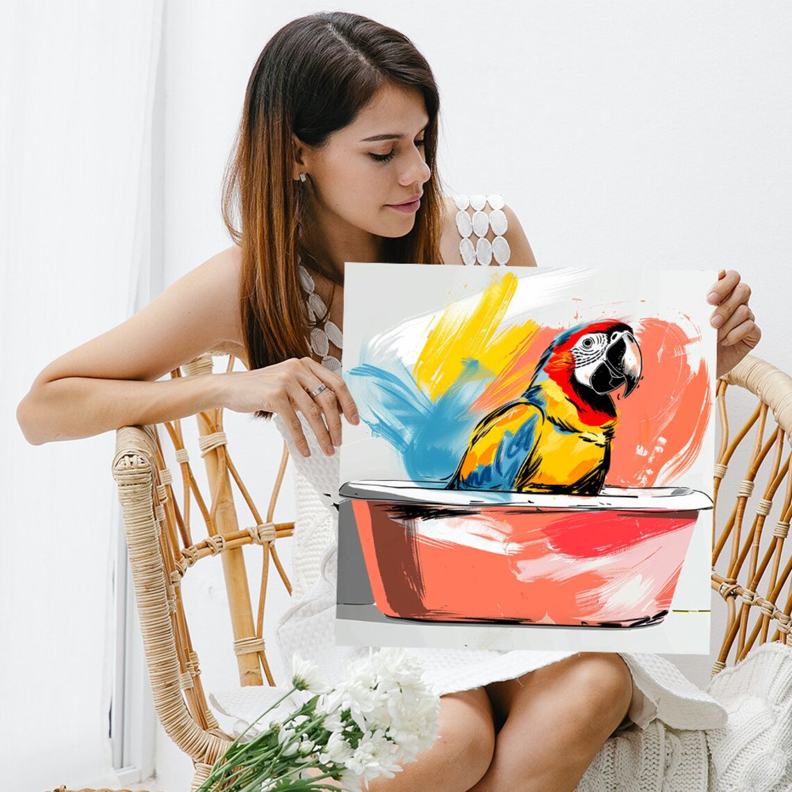 Colorful Macaw Parrot In Bathtub Whimsical Bathroom Animal Poster - Image 3