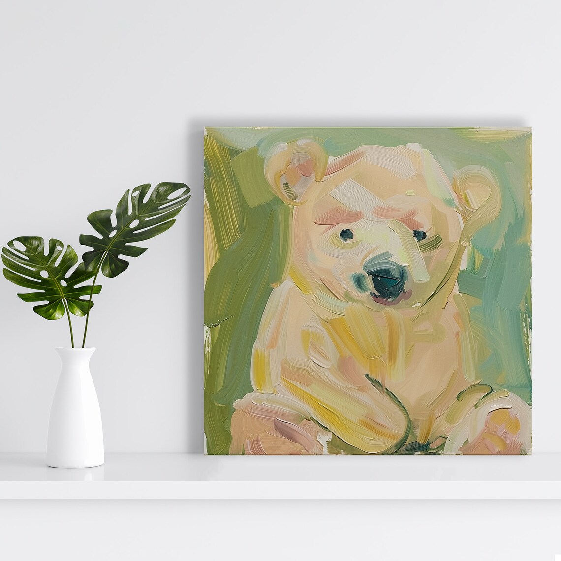 Pastel Polar Bear Cub Soft Painterly Portrait Green Cream Wall Art Poster - Image 2