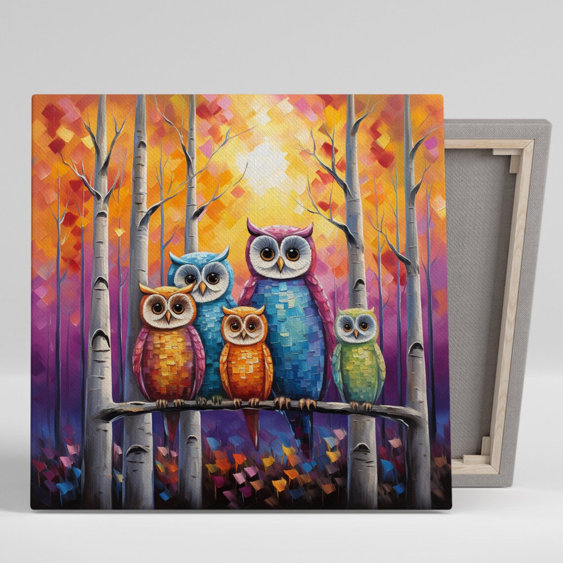 Five Colorful Owls Branch Autumn Forest Mosaic Art Nursery Poster