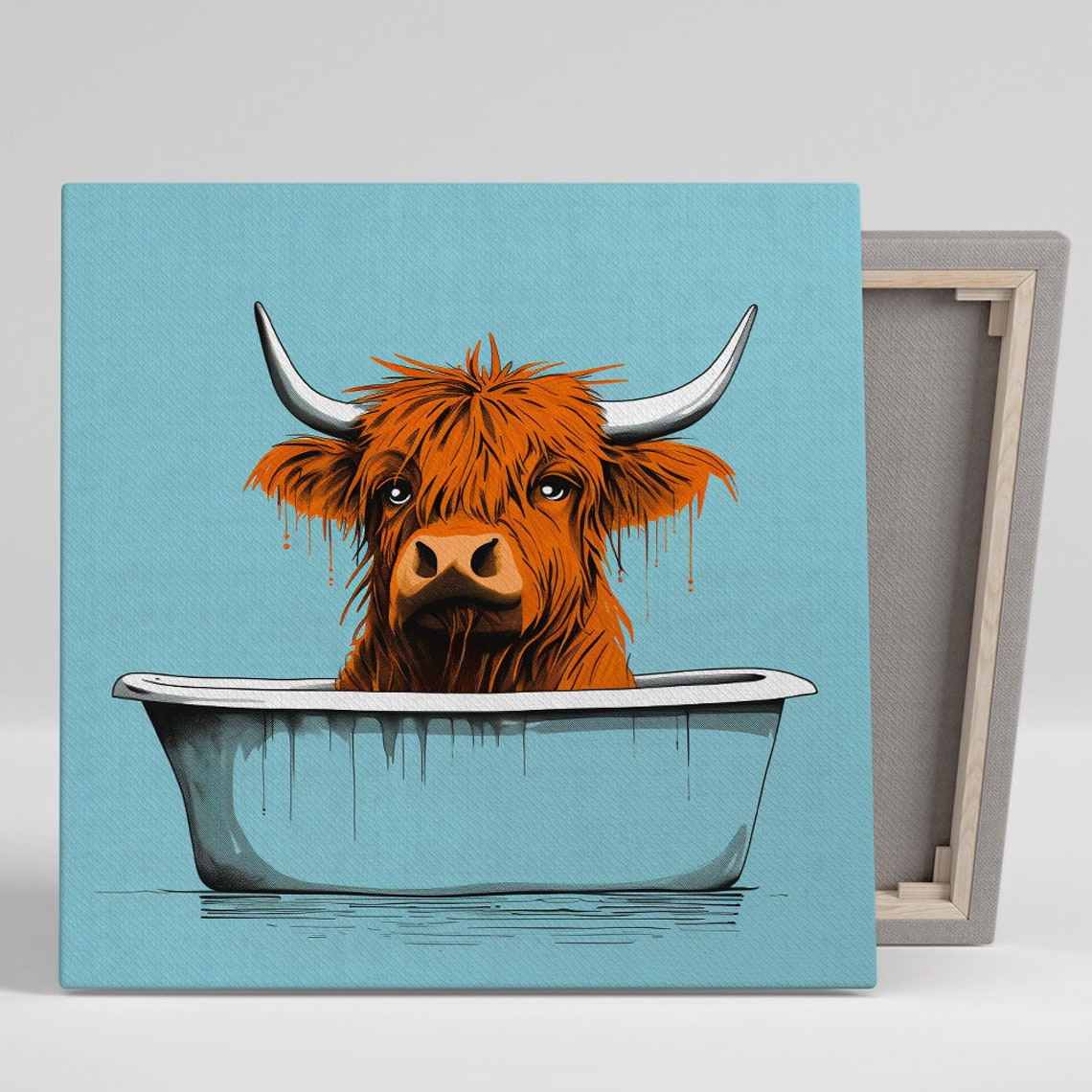 Orange Highland Cow Relaxing In Bathtub Teal Playful Wall Art Poster