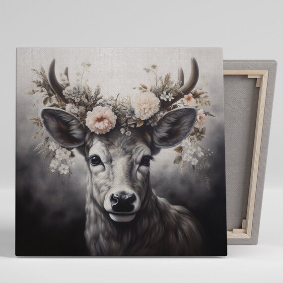Deer With Antlers And Floral Crown White Pink Blooms Moody Nature Poster