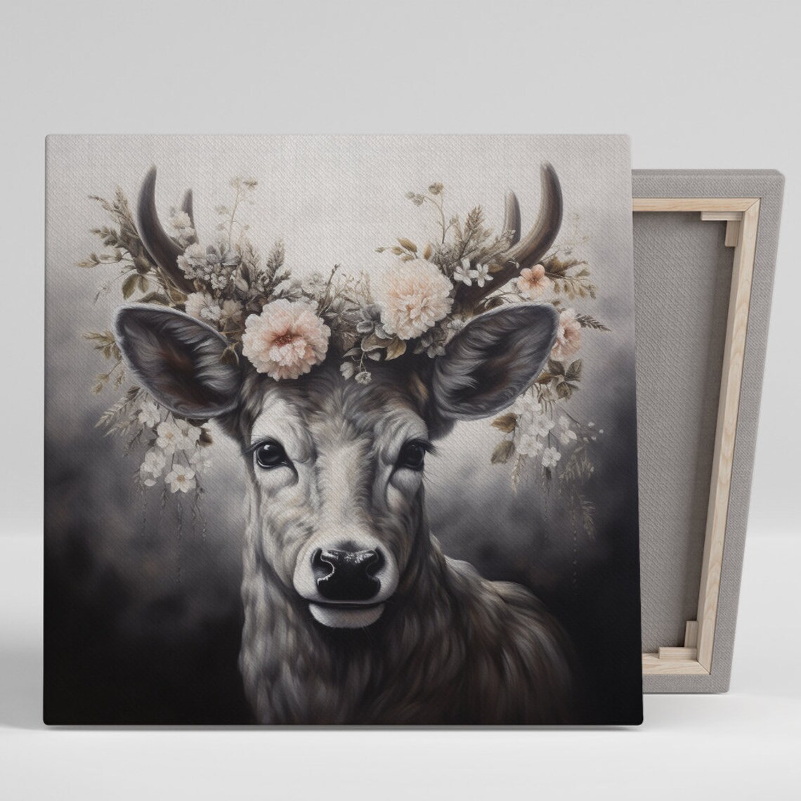 Deer With Antlers And Floral Crown White Pink Blooms Moody Nature Poster