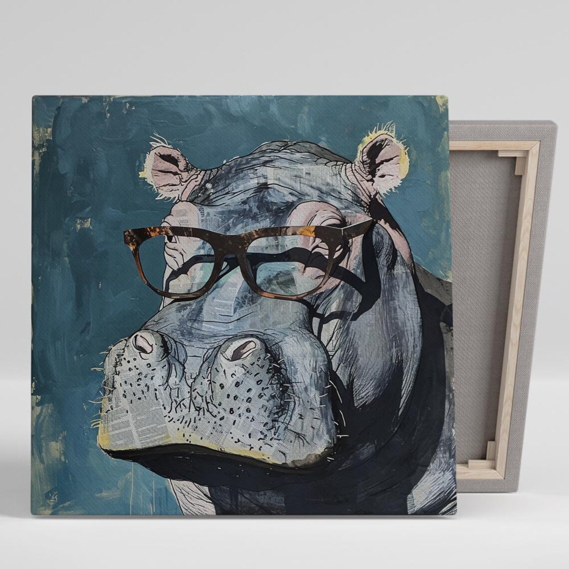 Hippo Hipster Tortoiseshell Glasses Blue Watercolor Funny Animal Poster
