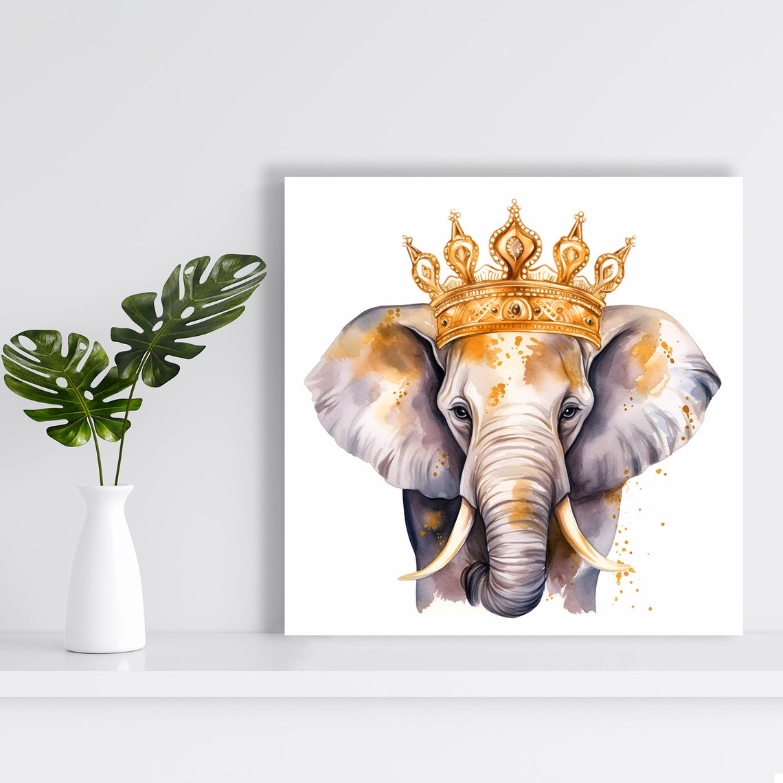 Royal Elephant Wearing Gold Crown Watercolor Portrait Glam Nursery Art Poster - Image 2