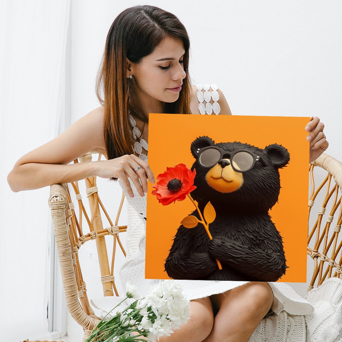 Cool Black Bear Sunglasses Holding Red Poppy Flower Orange Background Poster - Image 3