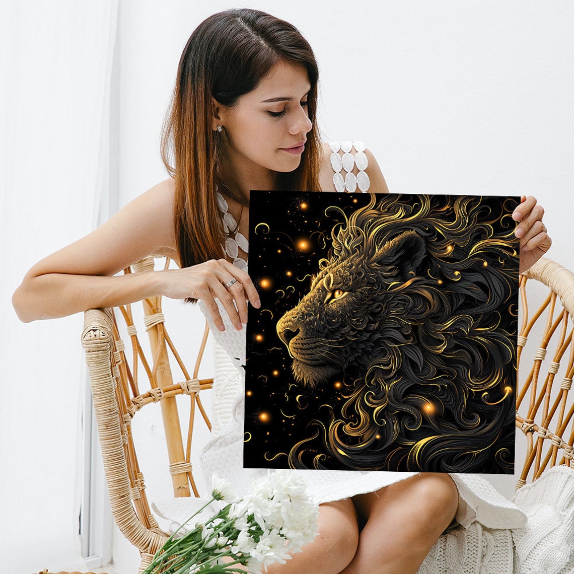 Celestial Golden Lion Swirl Black Background Majestic Wall Art Poster - Image 3