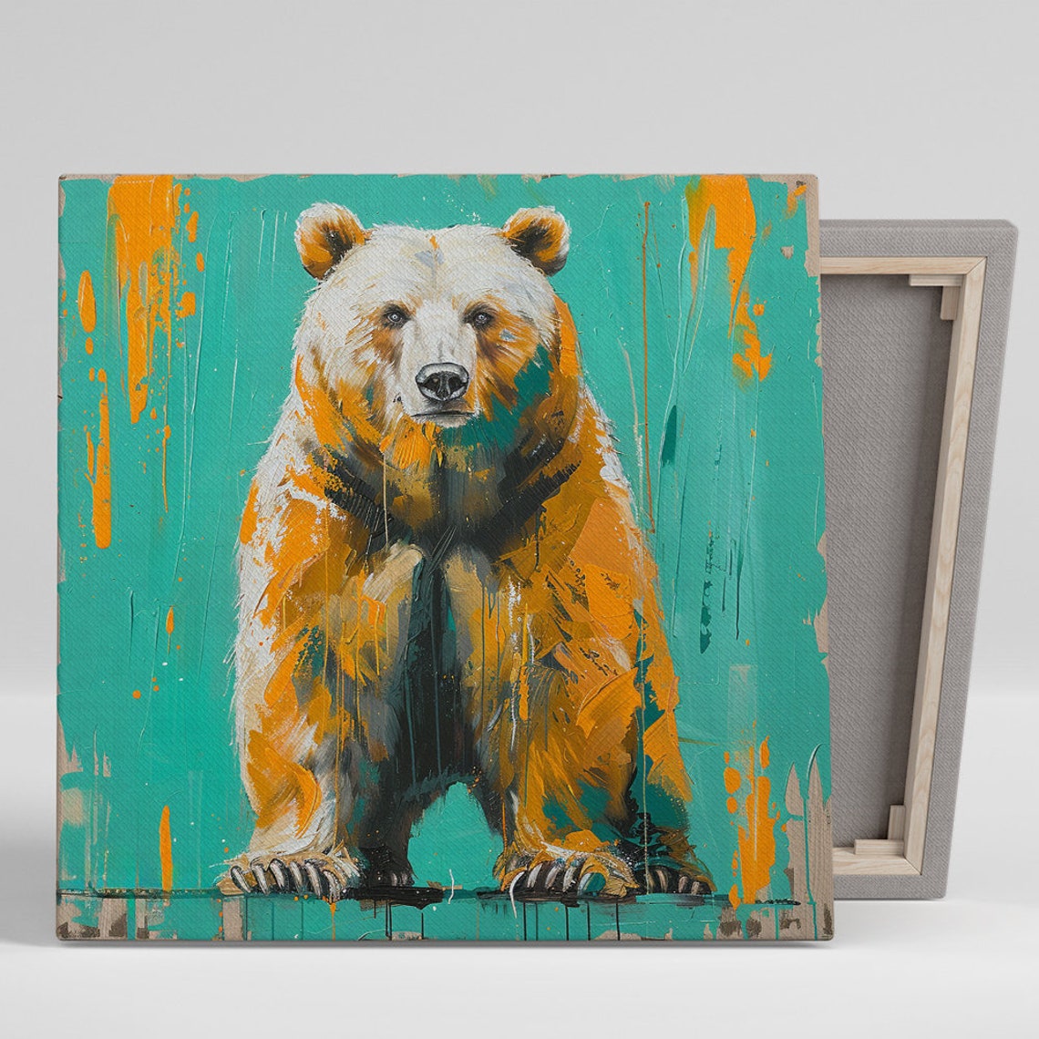 Bear Standing Teal Background Orange Paint Splash Bold Wall Art