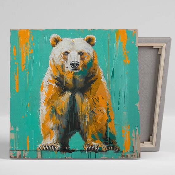 Bear Standing Teal Background Orange Paint Splash Bold Wall Art