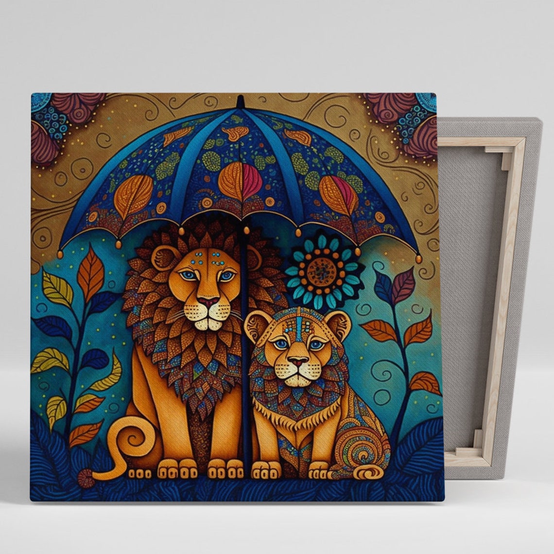 Majestic Lions Under Decorated Blue Umbrella Folk Art Style Poster