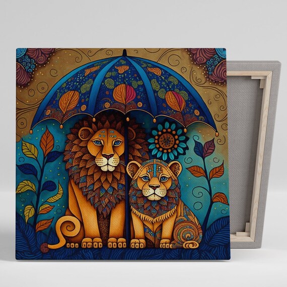 Majestic Lions Under Decorated Blue Umbrella Folk Art Style Poster