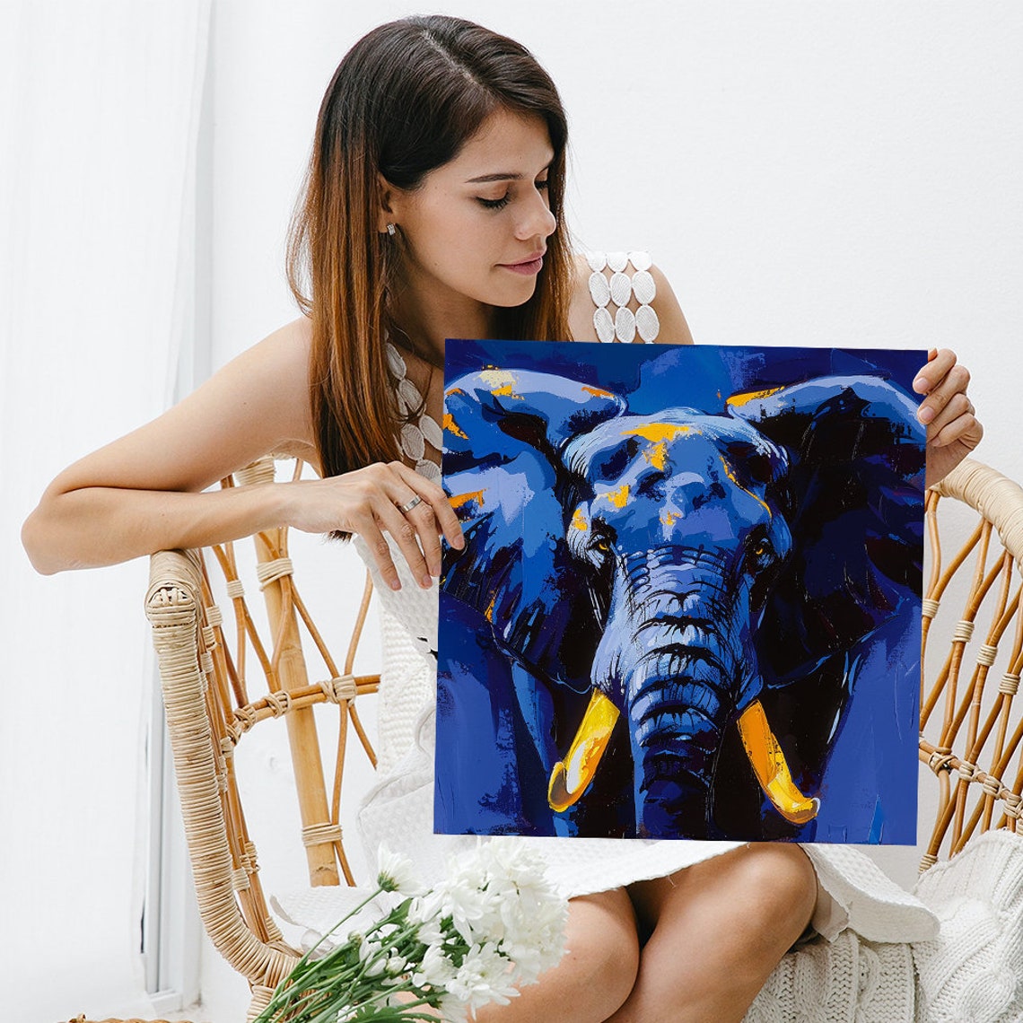 Majestic Blue Elephant Portrait Golden Tusks Deep Blue Poster - Image 3
