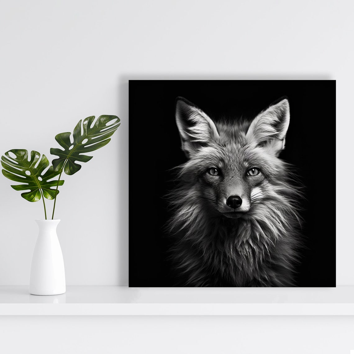Black and White Fox Portrait on Dark Background Minimalist Poster - Image 2