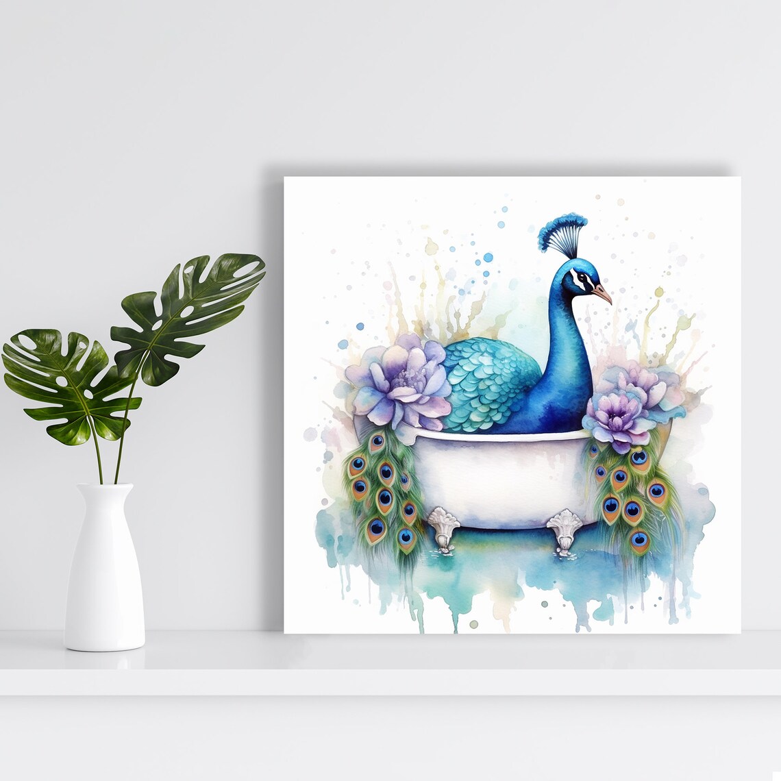 Peacock Bathing Watercolor Flowers Blue Purple Turquoise Wall Art - Image 2