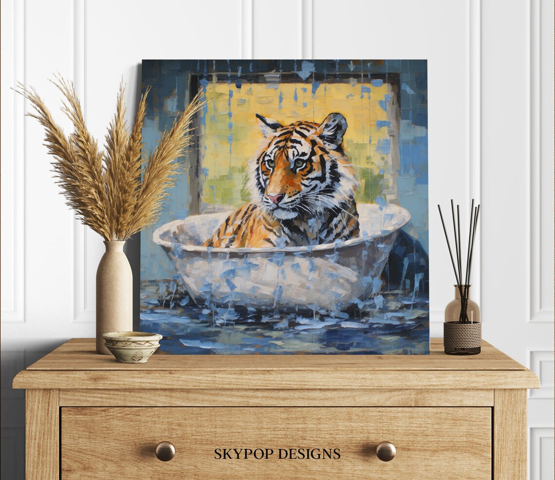 Tiger Relaxing In Bathtub Funny Bathroom Animal Portrait Canvas Poster - Image 2