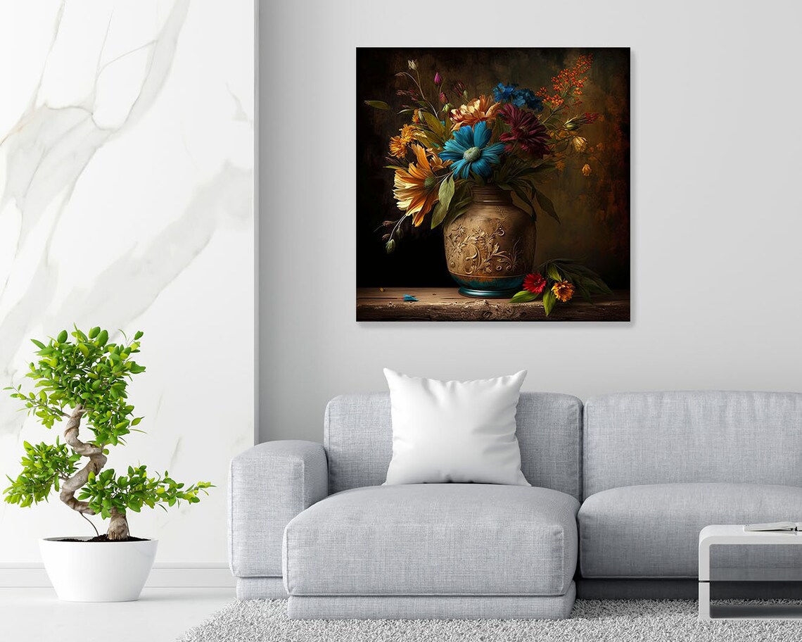 Blue Daisy Autumn Bouquet Carved Stoneware Jug Moody Floral Wall Art - Image 2