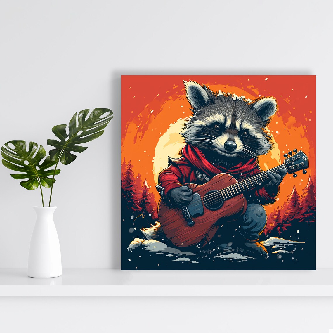 Rocking Raccoon Guitar Snowy Sunset Whimsical Music Room Decor Poster - Image 2