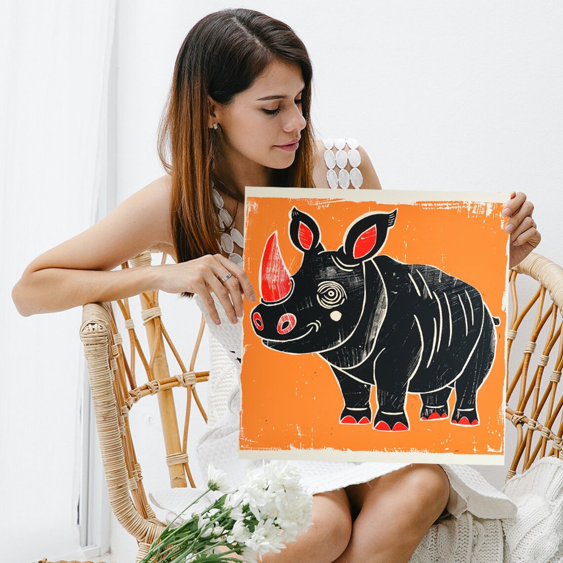 Whimsical Rhino Retro Animal Block Print Poster - Image 3