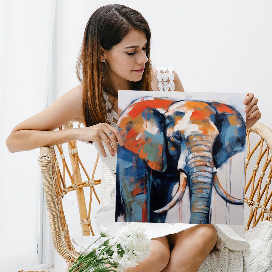 Elephant Head Orange Blue Abstract Brushstroke Modern Animal Wall Poster - Image 3