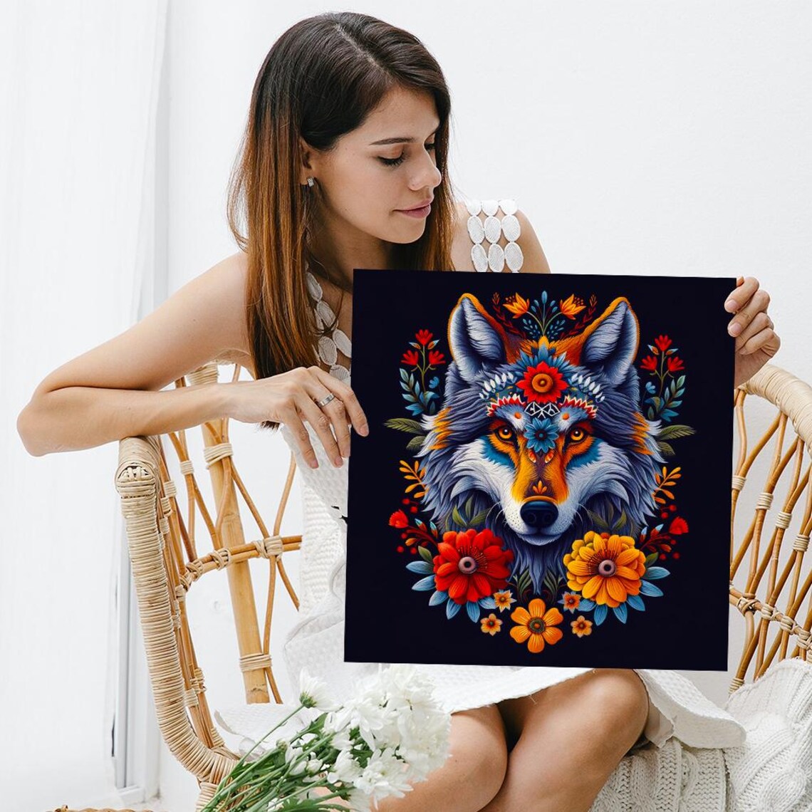 Wolf Spirit Floral Portrait Colorful Botanical Dark Background Poster - Image 3