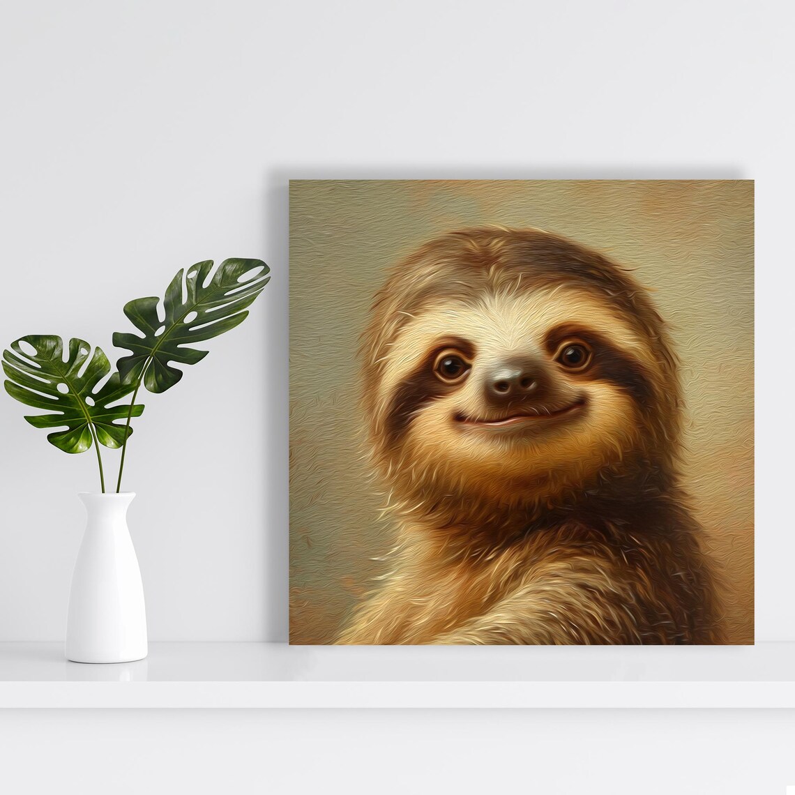 Smiling Sloth Portrait Warm Brown Oil Painting Cute Animal Poster - Image 2