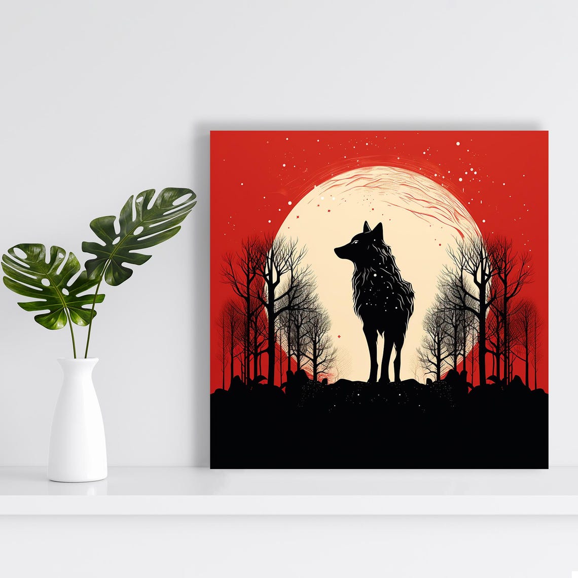 Lunar Wolf Silhouette Howling Moon Red Sky Minimalist Art Poster - Image 2