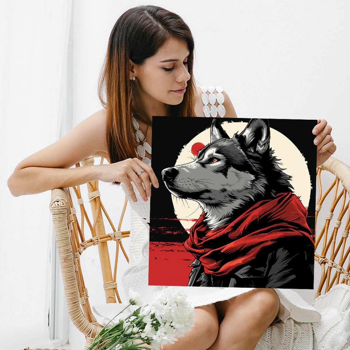 Wolf Red Scarf Full Moon Graphic Art Black Red Dramatic Wall Poster - Image 3