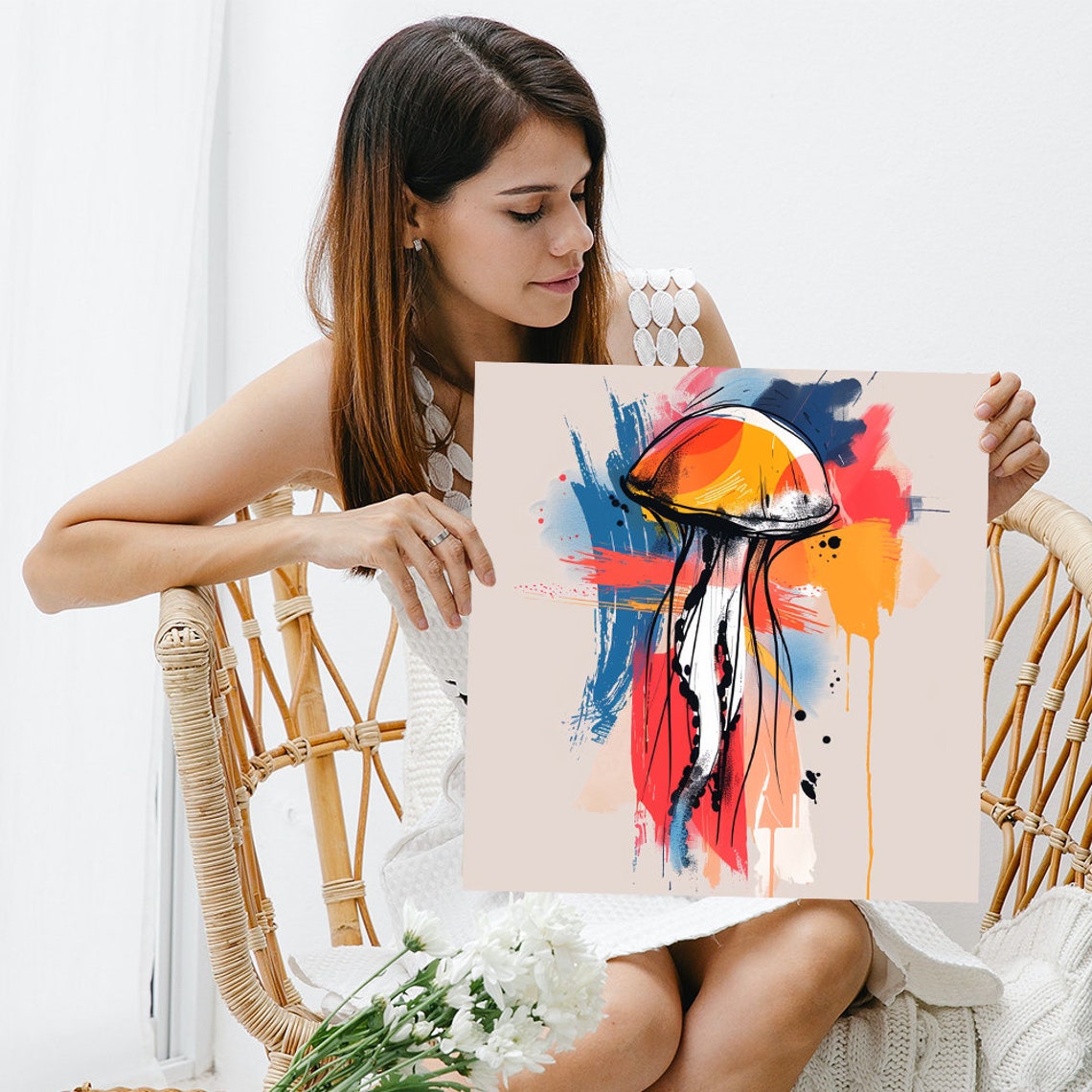 Abstract Jellyfish Ink Sketch Bold Red Blue Orange Brushstroke Poster - Image 3