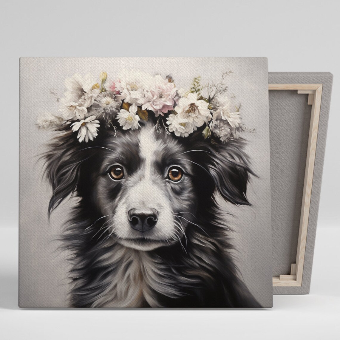 Border Collie Floral Crown Whimsical Art Print