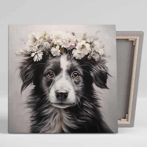 Border Collie Floral Crown Whimsical Art Print