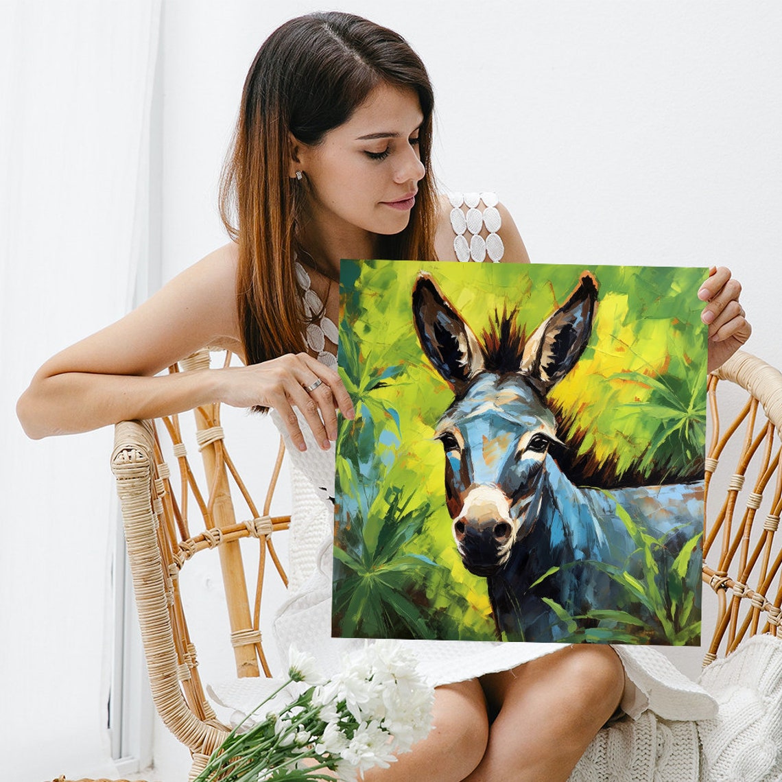 Donkey in Lush Green Jungle Painterly Wildlife Portrait Art Poster - Image 3