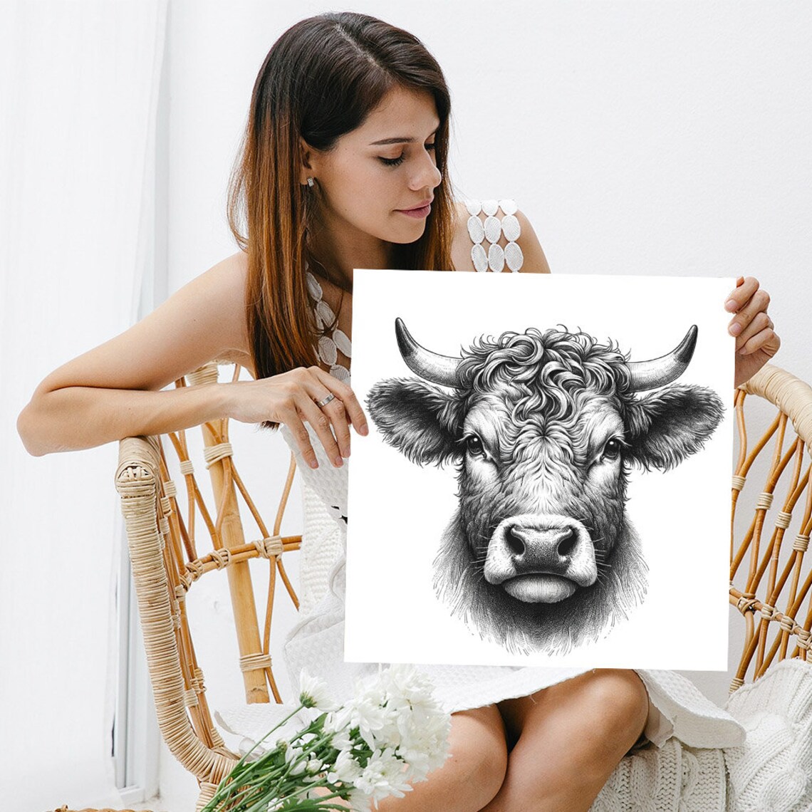 Highland Cow Face Detailed Black White Sketch Farmhouse Art Poster - Image 3