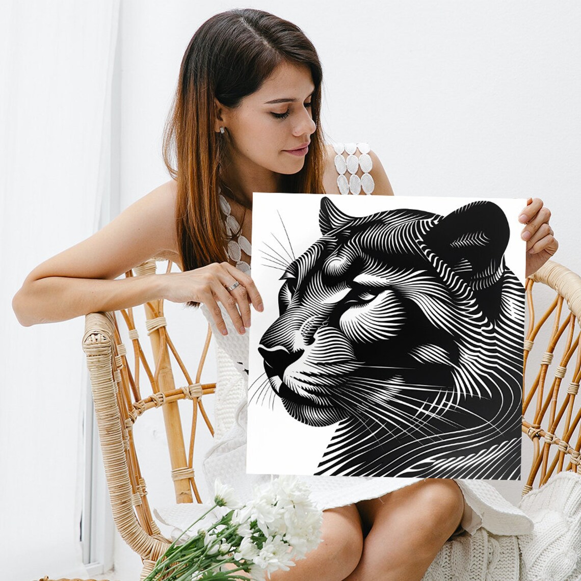 Black Cat Profile Flowing Monochrome Line Art Minimalist Wall Art - Image 3