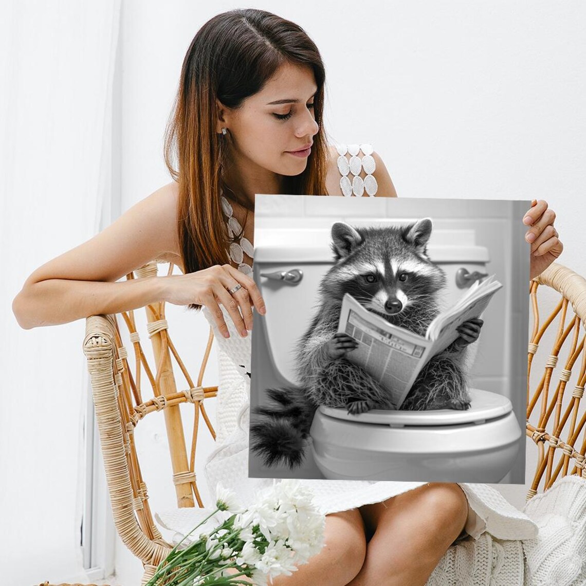 Funny Raccoon Reading Newspaper On Toilet Black White Humor Poster - Image 3