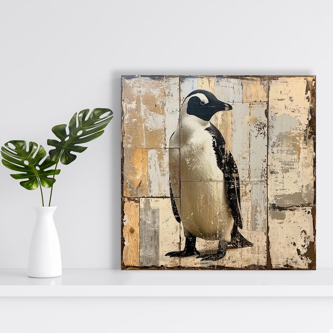 Rustic Penguin on Distressed Wood Panel Coastal Farmhouse Style Poster - Image 2
