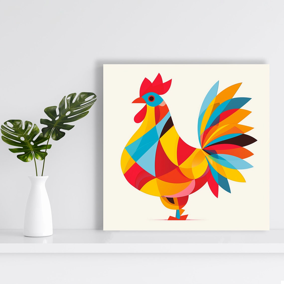 Geometric Rainbow Rooster Faceted Abstract Farm Animal Wall Poster - Image 2