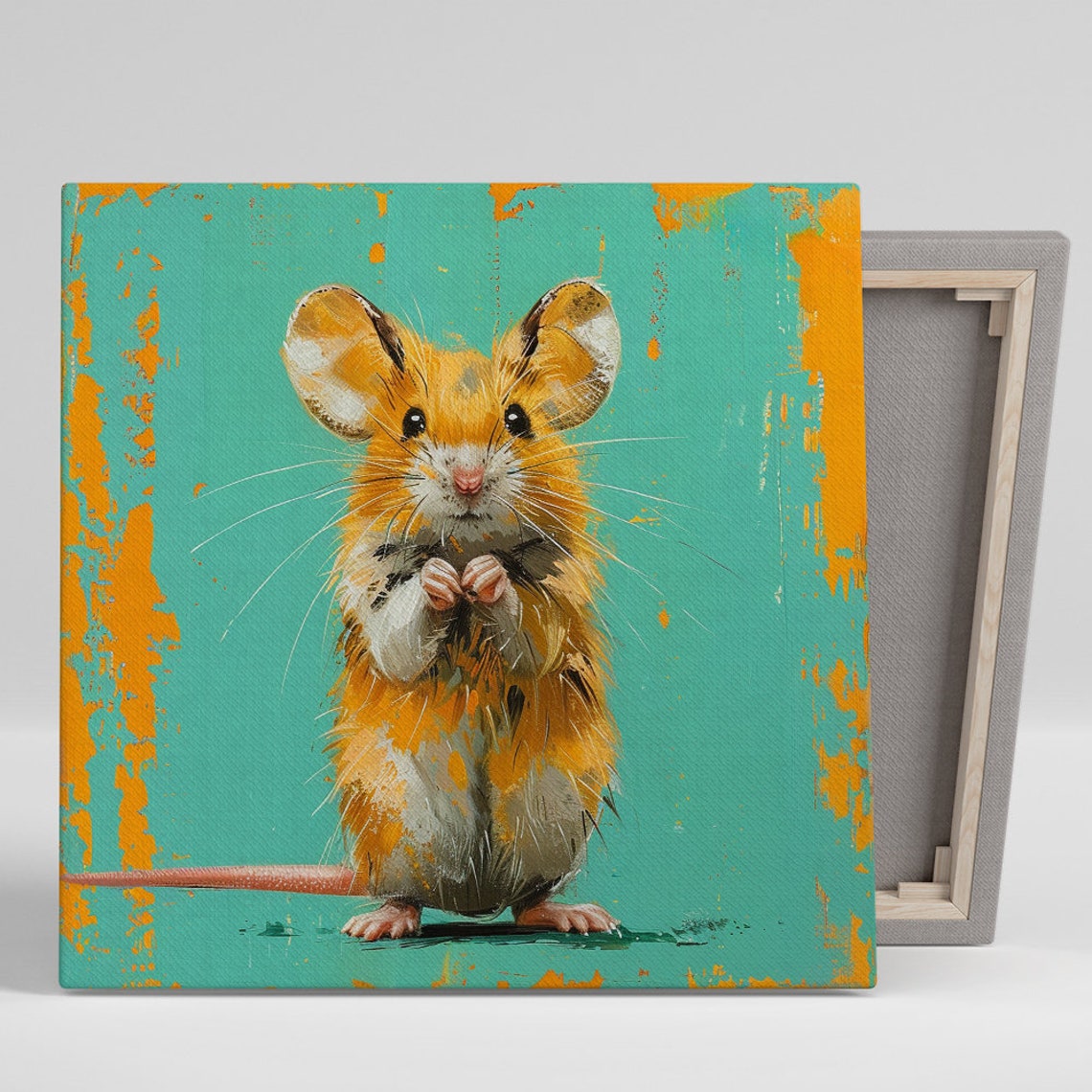 Curious Golden Mouse Standing Turquoise Background Orange Wall Art