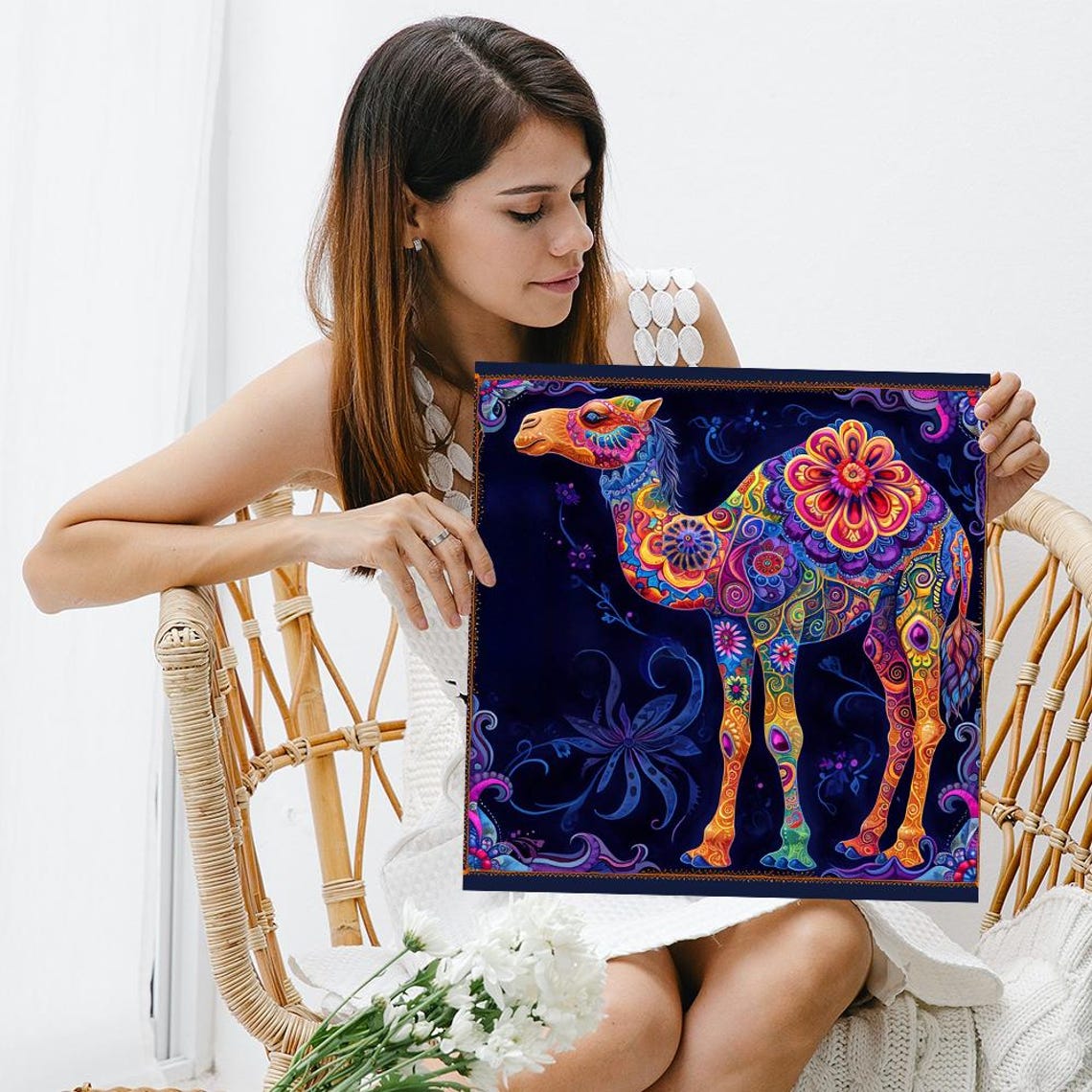 Psychedelic Camel Patterned Dark Background Colorful Animal Art Poster - Image 3
